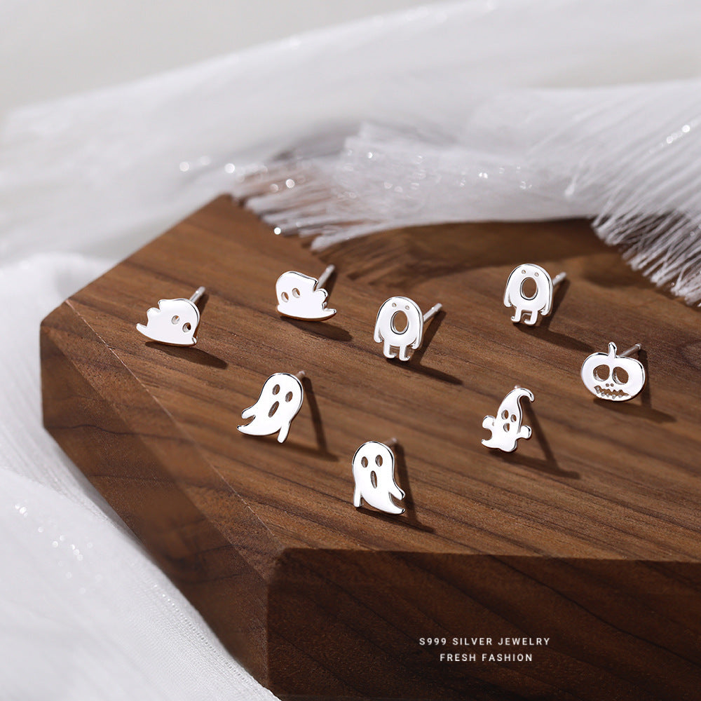 S999 Pure Silver Ghost Stud Earrings
