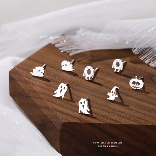 S999 Pure Silver Ghost Stud Earrings