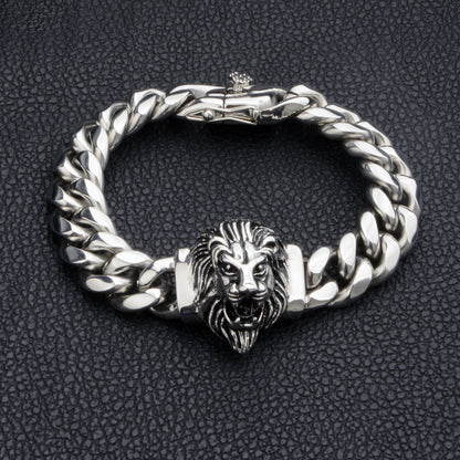 14mm-wide Lion-head Stainless Steel Titanium Alloy Gold-plated Buckle Cuban Mens Bracelet