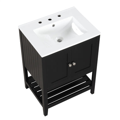24" Black Modern Sleek Bathroom Vanity Elegant Ceramic Sink with Solid Wood Frame Open Style Shelf