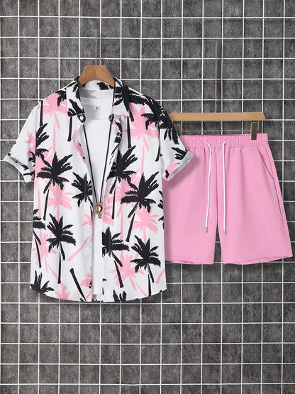 Casual Lapel-Button Hawaiian Shirt And Shorts Set For Men