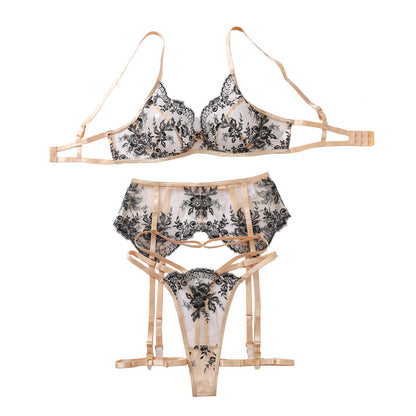 Women's Embroidery Heavy Craft Ultra-thin Mesh Bra Set