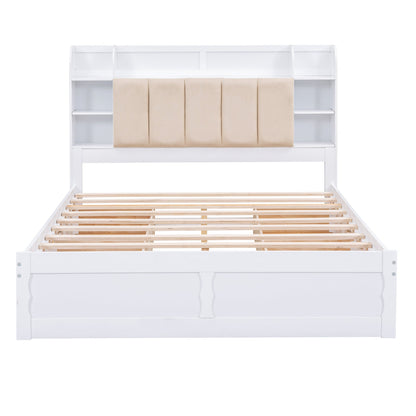Wood Queen Size Platform Bed with Storage Headboard  Shelves and 4 Drawers  White