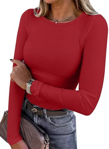 ANRABESS Women Long Sleeve Shirts Ribbed Fitted Tops