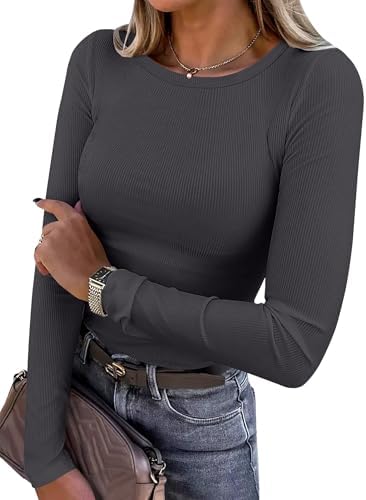 ANRABESS Women Long Sleeve Shirts Ribbed Fitted Tops