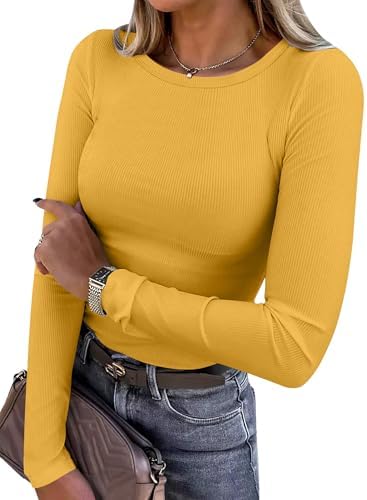 ANRABESS Women Long Sleeve Shirts Ribbed Fitted Tops
