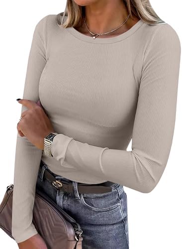 ANRABESS Women Long Sleeve Shirts Ribbed Fitted Tops