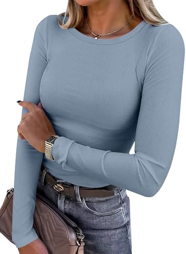 ANRABESS Women Long Sleeve Shirts Ribbed Fitted Tops