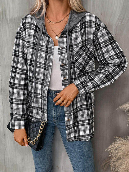 Plaid Long Sleeve Hooded Jacket for Women with Pockets