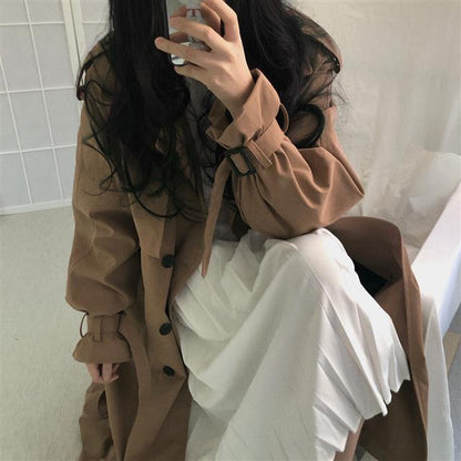 Women Black Trench Coat Mid Length Double Breasted Waist