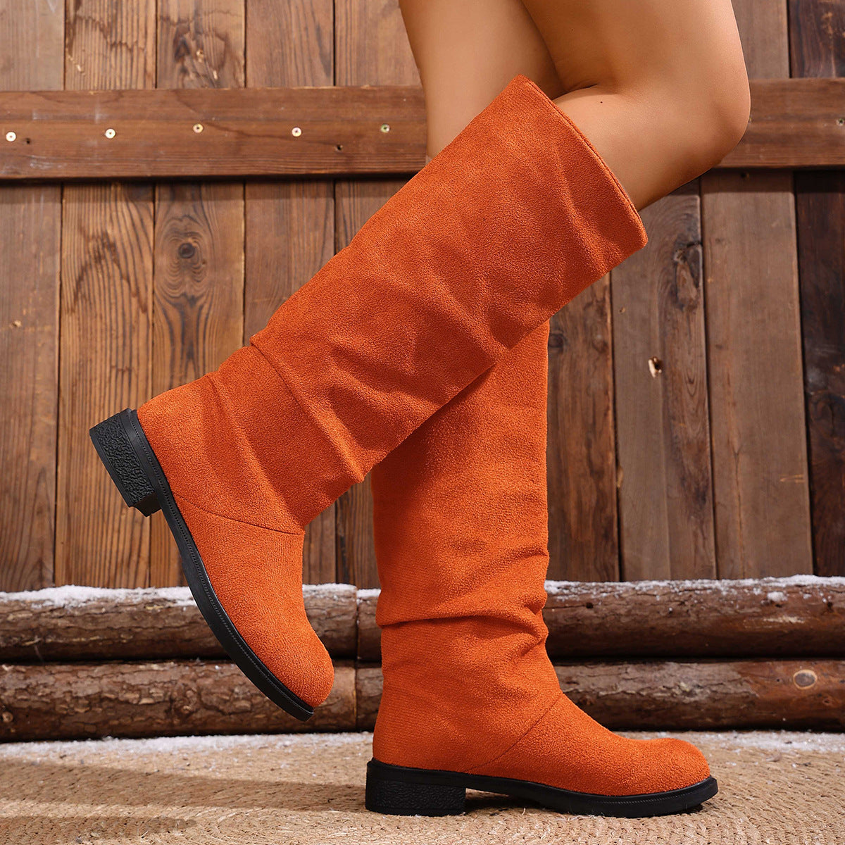 European And American Fashion Suede Sleeve High Leg Boot Low Heel Large Size Below The Knee Boots