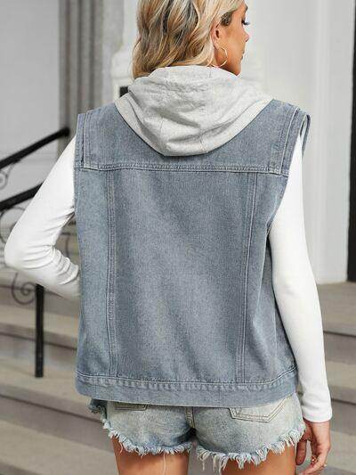 Pocketed Button Up Sleeveless Denim Jacket for Women