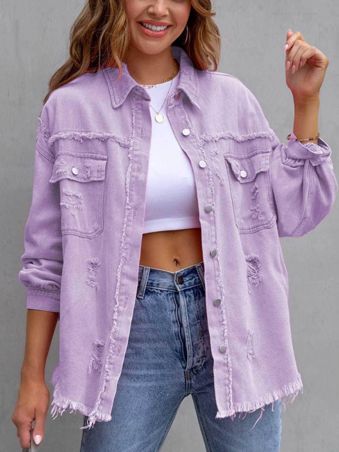 Distressed Drop Shoulder Denim Jacket for Casual Style