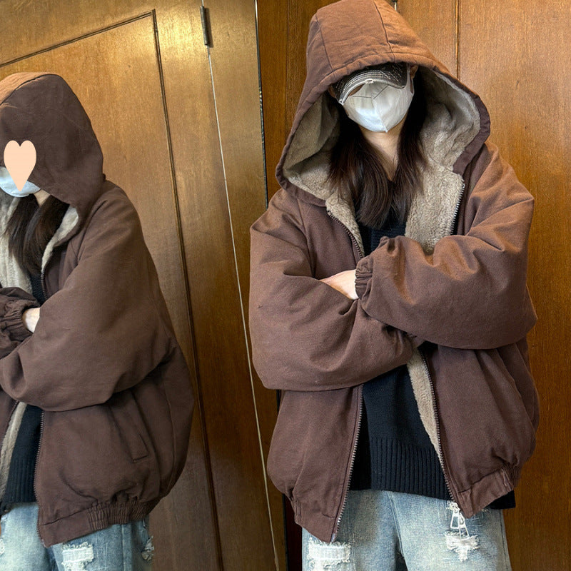 Thicken Cotton Clothes Coat Hooded Plush Warm Jacket