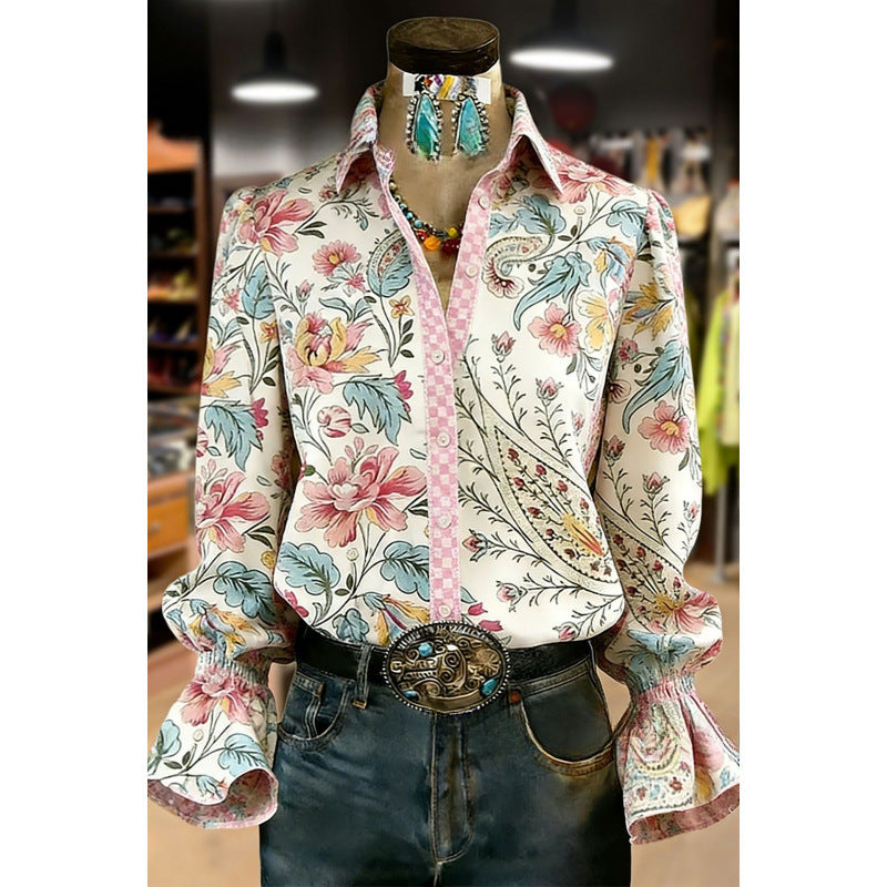Women's Lace-trimmed Long-sleeve Collared Blouse