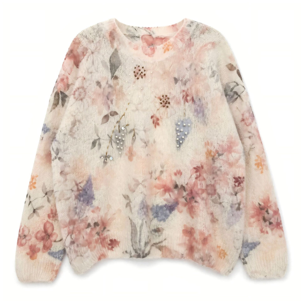 Rhinestone Embellished Floral Mohair-Blend Pullover Sweater