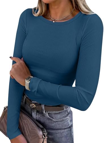 ANRABESS Women Long Sleeve Shirts Ribbed Fitted Tops