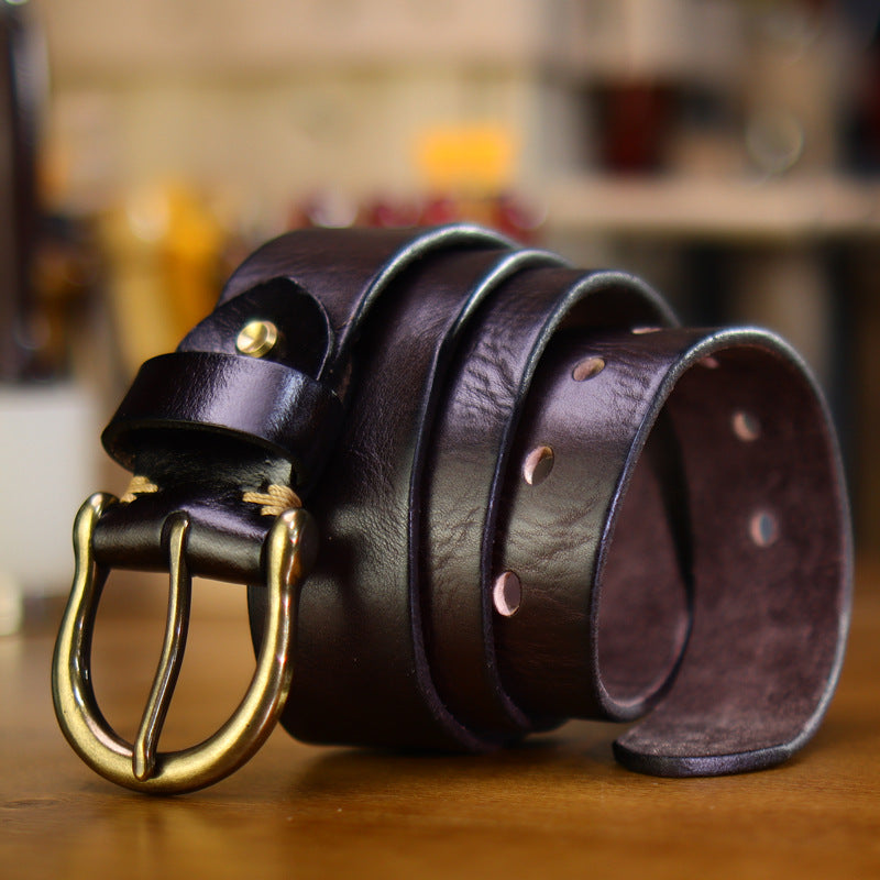 Thickened Full-grain Vintage Belt With Hand-stitched Detailing For Men