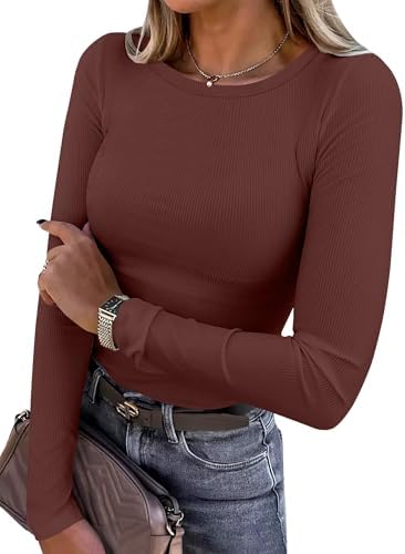 ANRABESS Women Long Sleeve Shirts Ribbed Fitted Tops