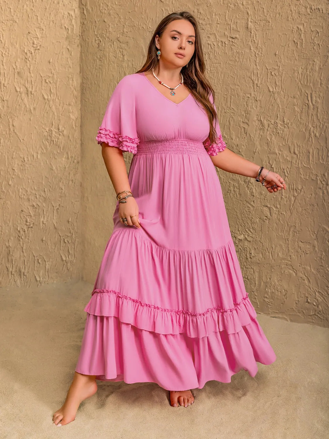 Plus Size V-Neck Half Sleeve Maxi Dress
