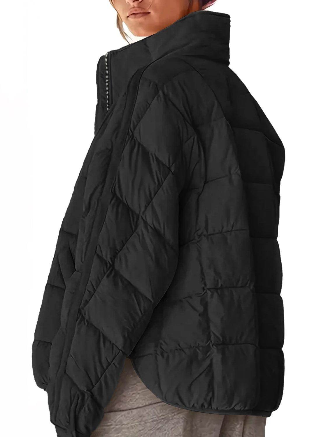 Pocketed Plaid Quilted Zip Up Winter Coat for Women