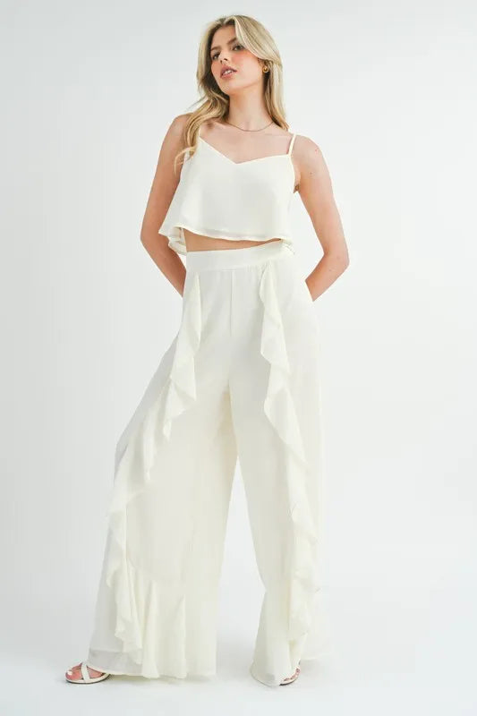 MABLE Crop Cami and Ruffled Wide Leg Pants Set
