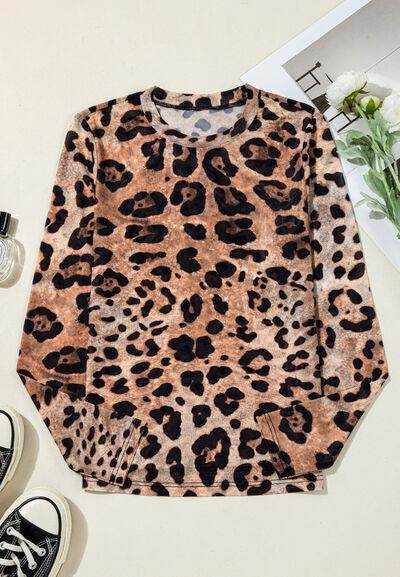 Leopard Round Neck Long Sleeve Blouse for Women Fashion