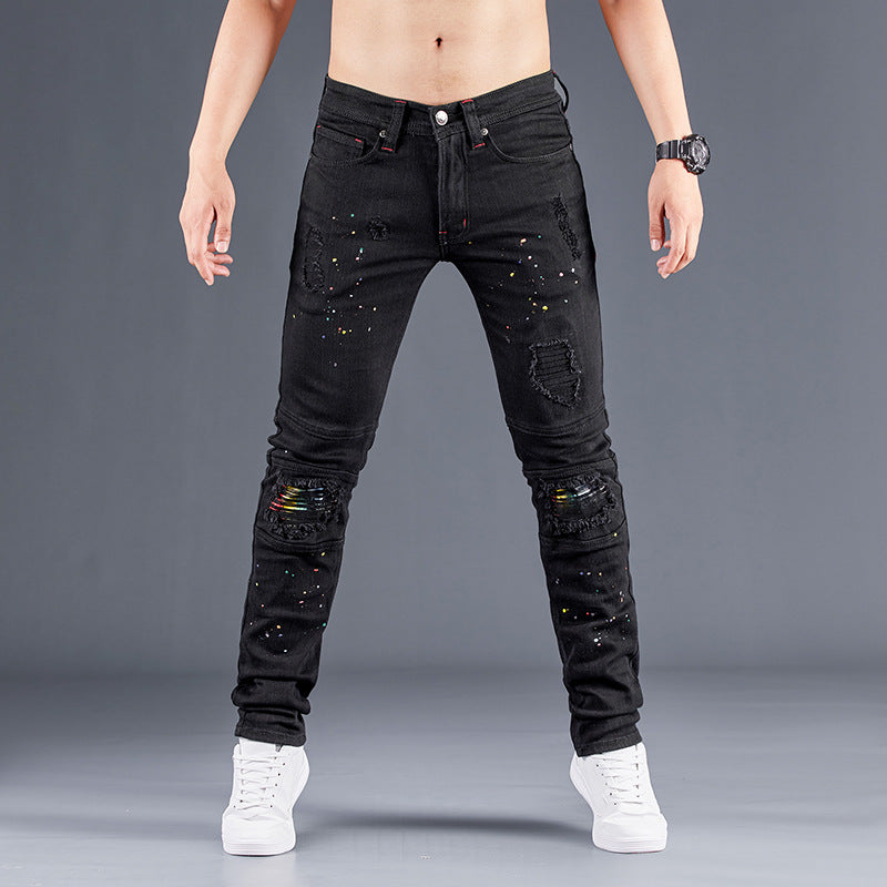 Stretch Black Jeans Biker-style Assorted Styles Patchwork Painted Effect