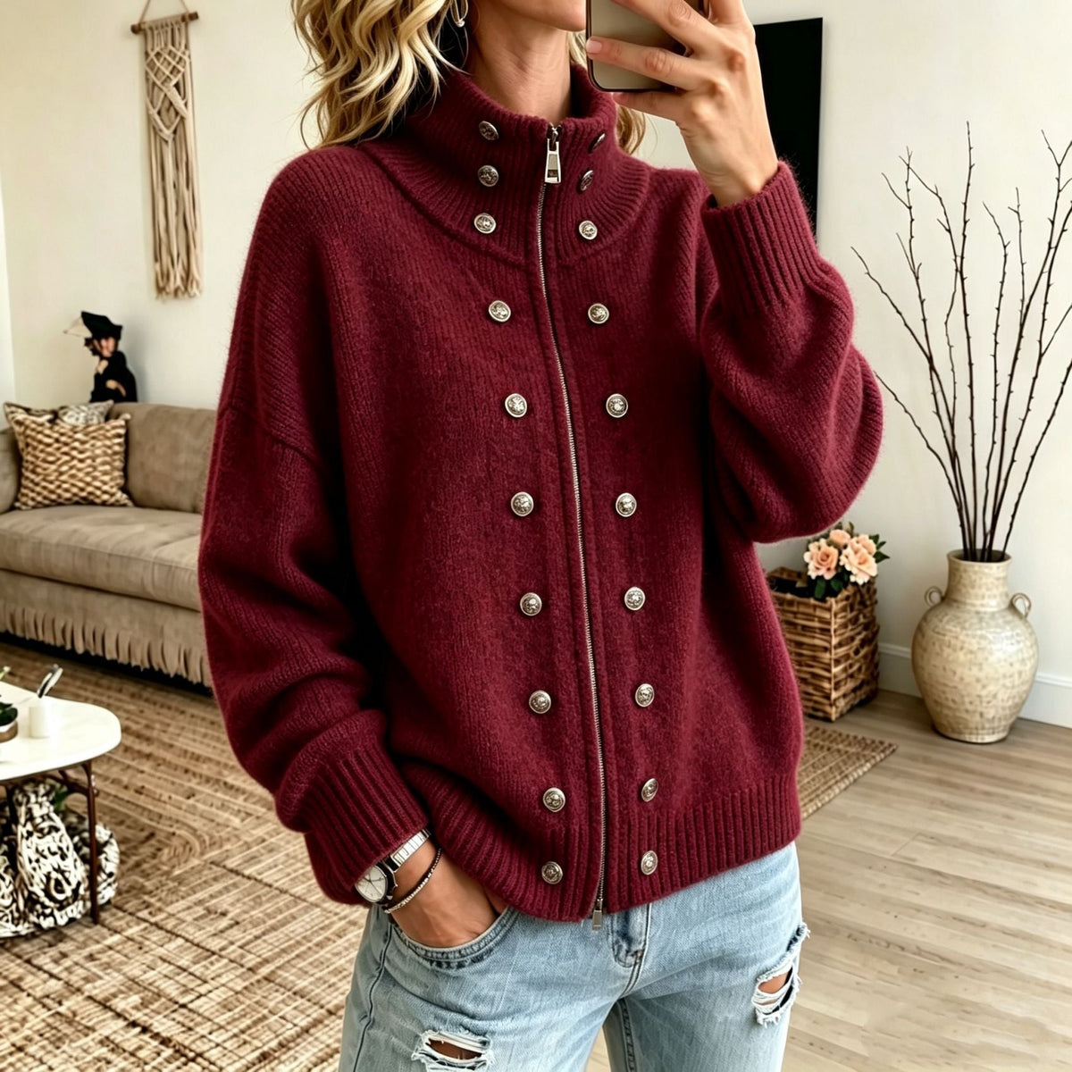 Women's Sweater Coat With Metal Buttons And Double Zippers