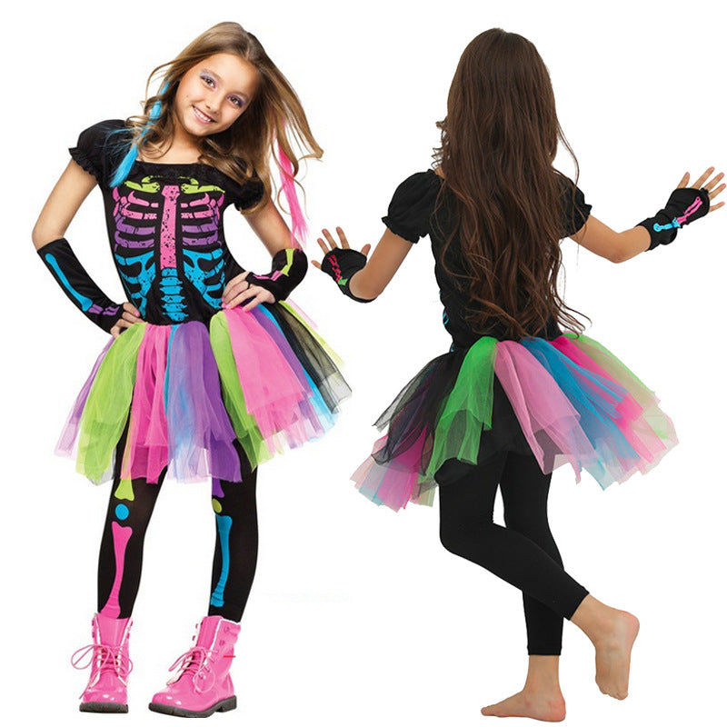 Halloween Cosplay Masquerade Children's Rainbow Skull Skeleton Costume