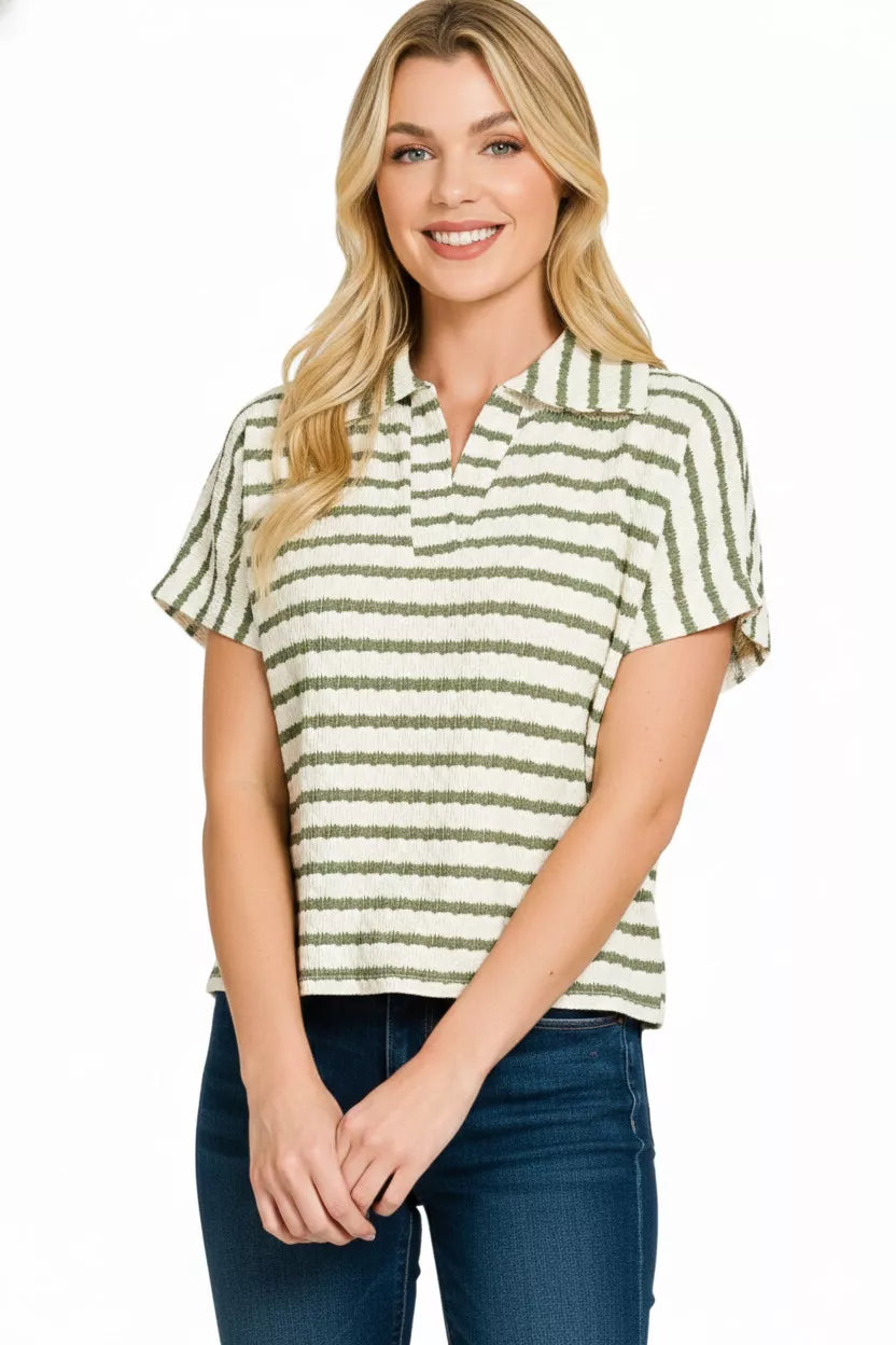 Zenana Striped Split Neck Collared Top