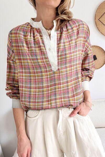 Multi-Color Plaid Round Neck Long Sleeve Blouse for Women