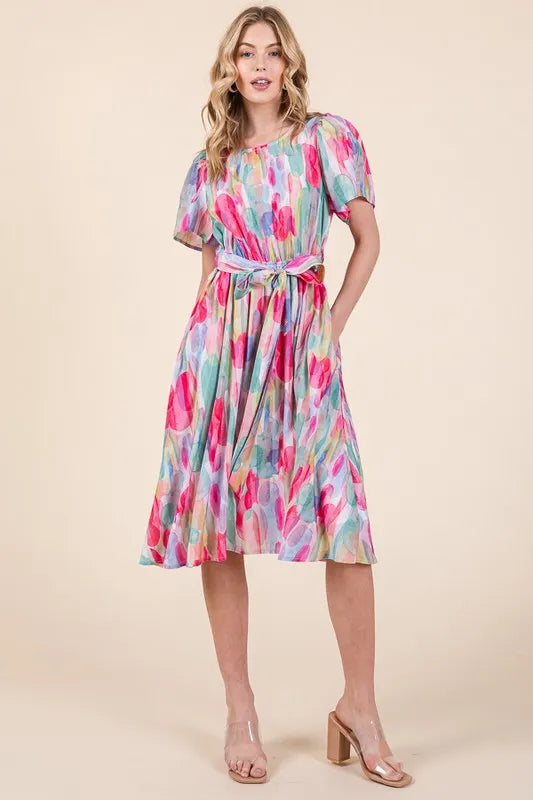 Lime 'N' Chili Watercolor Print Tie Front Midi Dress