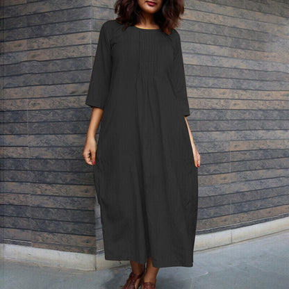 Long-sleeved Western-style Age-reducing Fashionable Round-neck Casual Dress With Pockets