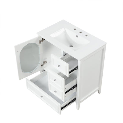 30" Bathroom Vanity with Sink, Bathroom Vanity Cabinet with Three Drawers and Door, Solid Wood and MDF, White