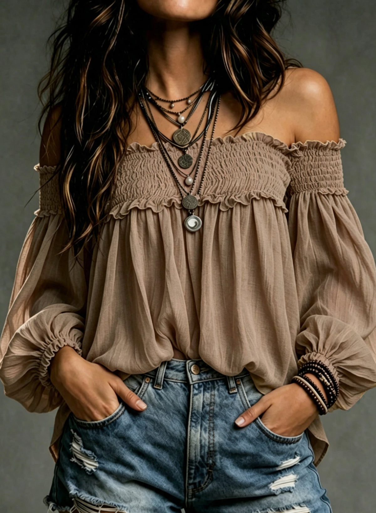 Womens Solid-color Off-shoulder Casual Smocking Top Shirt