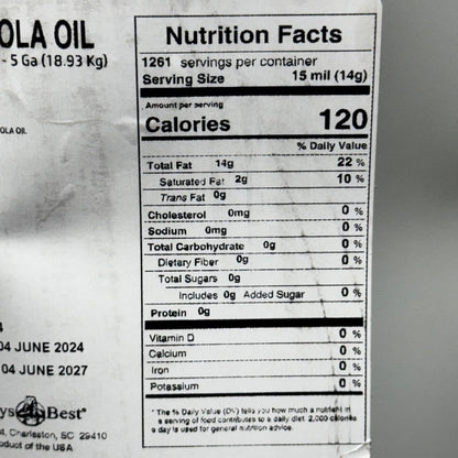 ABBY’S BEST (5 Gal) Canola Oil BB 06/27