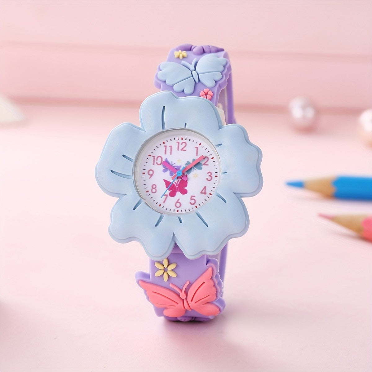 Student Girl Children Cartoon Color Cute Flowers Pattern Silicone Quartz Watch