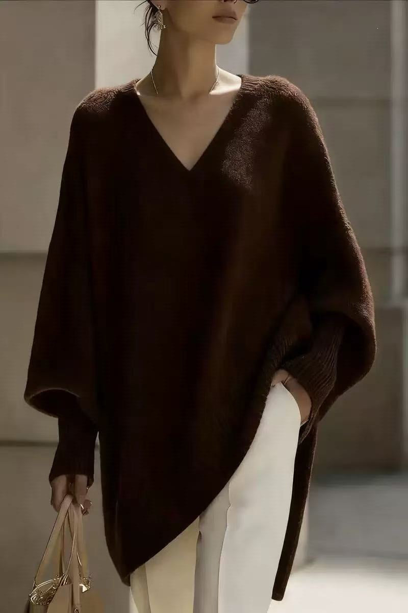 Women's V Neck Oversized Knit Sweater, Long Sleeve Solid Color Lazy Style Loose Asymmetric Hem Pullover Top For Spring Daily Wear