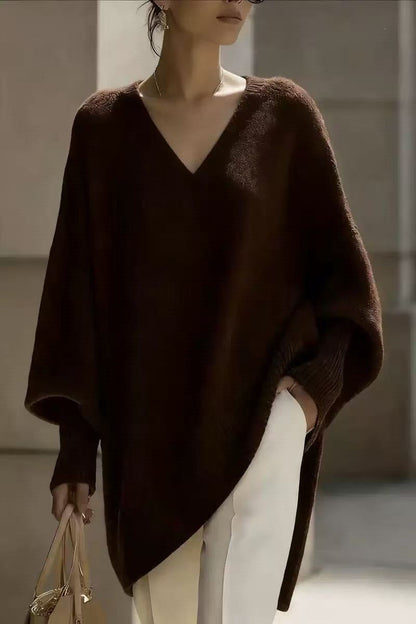 Women's V Neck Oversized Knit Sweater, Long Sleeve Solid Color Lazy Style Loose Asymmetric Hem Pullover Top For Spring Daily Wear