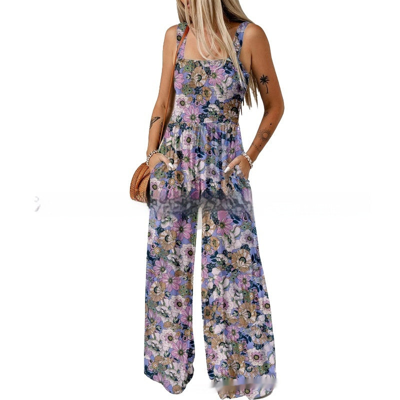 European And American Bohemian Spaghetti-strap Floral Print Overalls