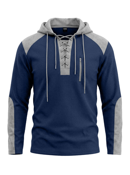 Cross-border TK Men's Waffle Pattern Color-blocked Hoodie, European And American Style, With Drawstring, Plus-size Long-sleeve Top, Casual Pullover Sweatshirt