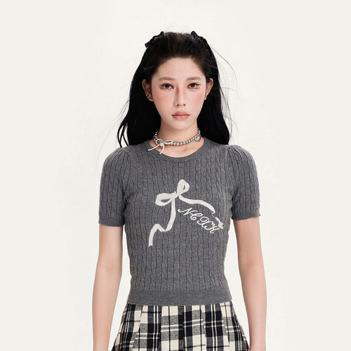 Bow Embroidered Hollow-Out Short Sweater