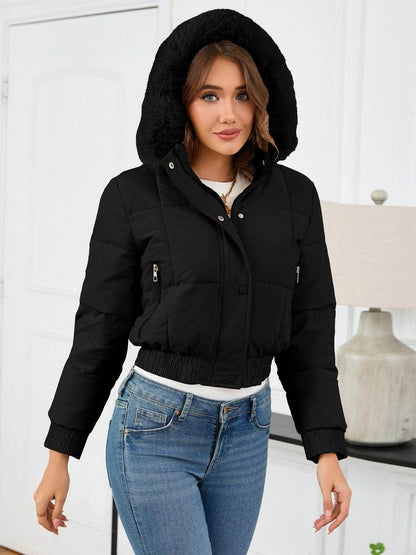 Pocketed Long Sleeve Cropped Hooded Winter Coat for Women