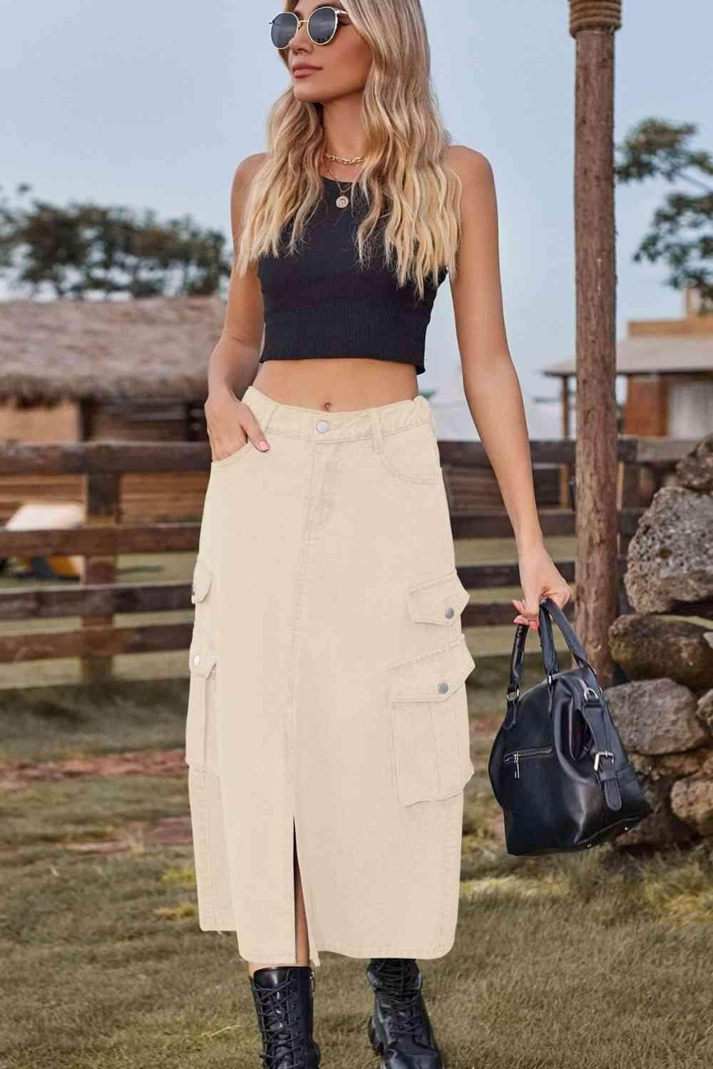 Slit Front Midi Denim Skirt with Pockets for Women