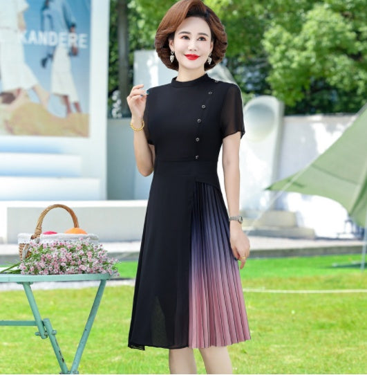 Black Short Sleeved Middle Aged Mother Chiffon Dress