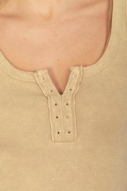 VERY J Washed Ribbed Tank with Placket Detail Top