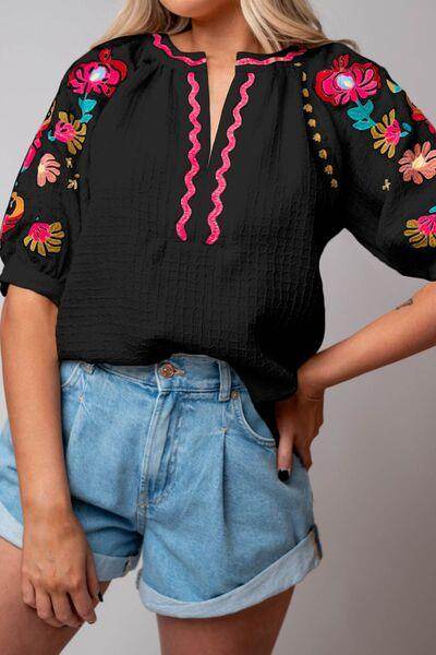 Floral Embroidered Notched Puff Sleeve Blouse for Women