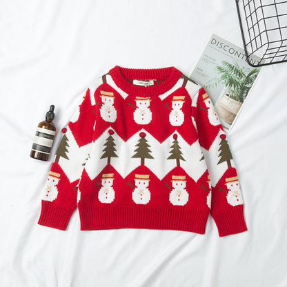 Jacquard Snowman Christmas Tree Parent-child Pullover