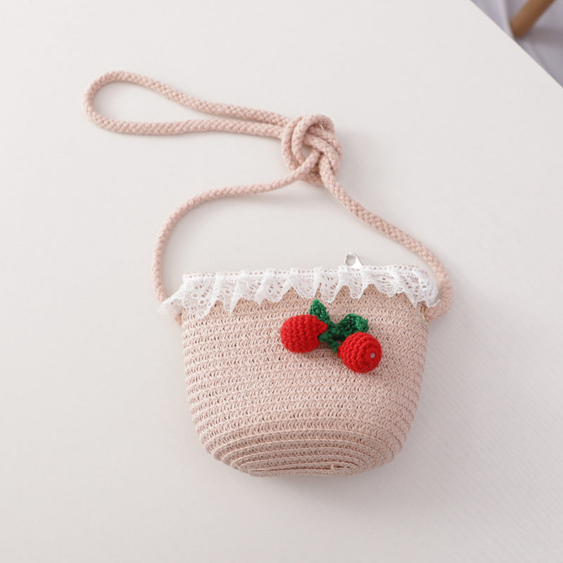 Girl Cherry Straw Hat Bag Set Princess Hat Beach Hat Sun Hat